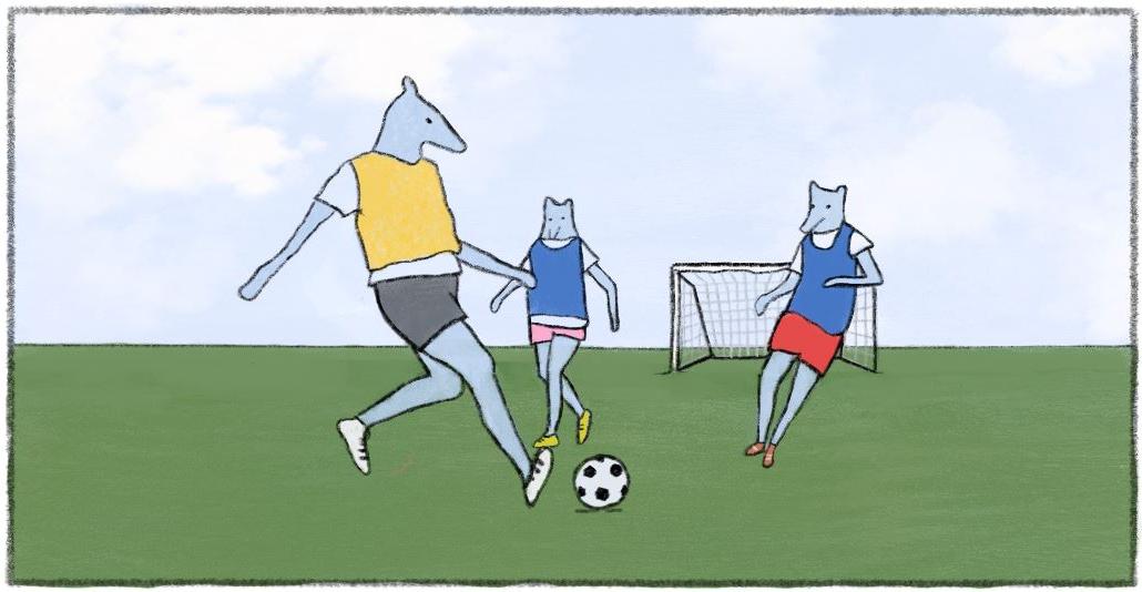 three cartoon animals playing soccer